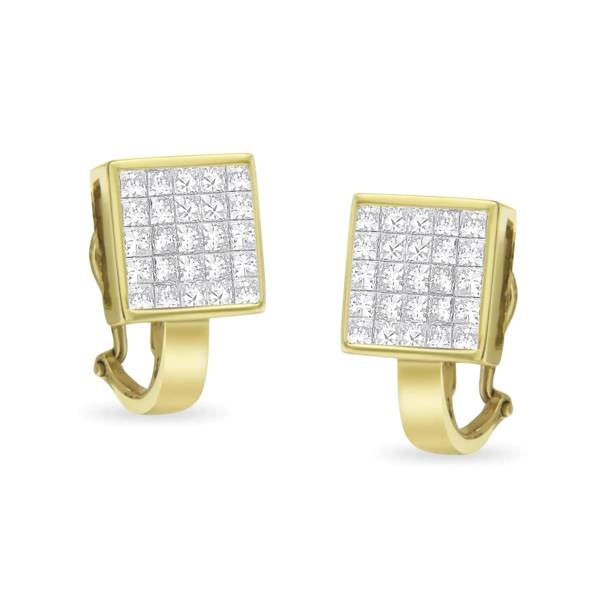 14K Yellow Gold 3-1/5 Cttw Princess Cut Diamond ¾ Square Invisible Set Grid Huggy Style Omega Back Stud Earrings (G-H Color, VS1-VS2 Clarity) WEM Support (www.WEM.support)