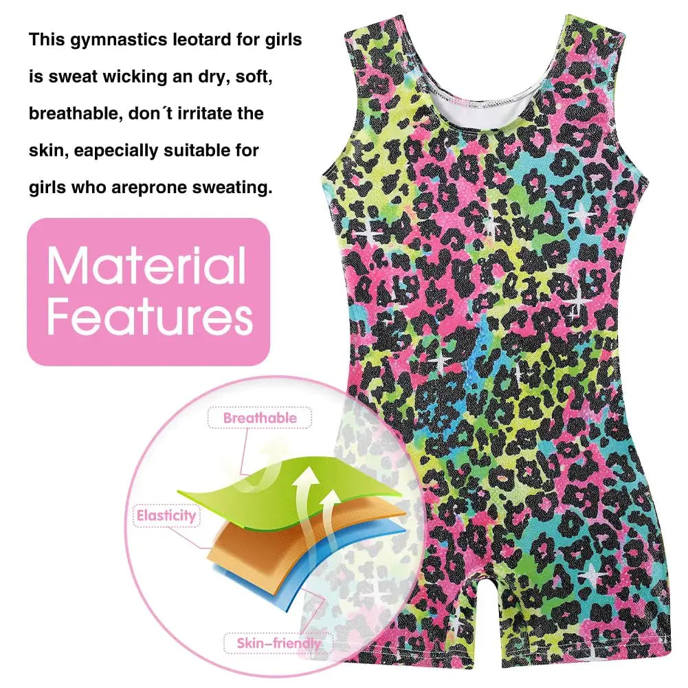 uideazone Gymnastics Leotard for Girls Biketards Sparkly Tank Ballet Unitard with Shorts Quick Dry One-Piece Outfits 2-9Years Colorful Leopard 55 7-8 Years My Store