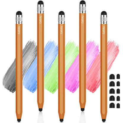 Two stylus pens, one black and one green, with metal hexagonal barrels and attached replacement tips.