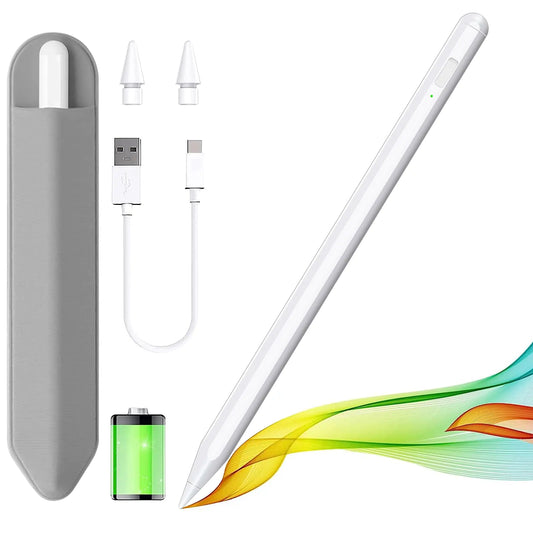 A white stylus pen compatible with various iPad models, displayed alongside its packaging which includes a USB charging cable and a protective case. Also shown is a detachable battery.