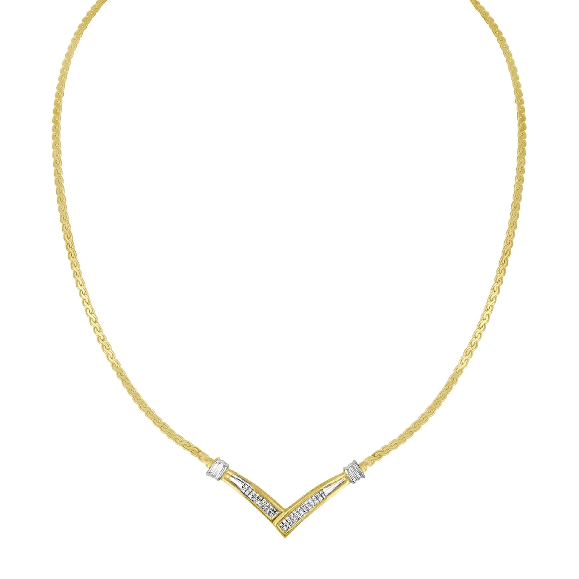 10K Yellow and White Gold 1/2 Cttw Princess Cut Diamond Channel-Set “V” Shape 18" Franco Chain Necklace (H-I Color, SI2-I1 Clarity) WEM Support (www.WEM.support)