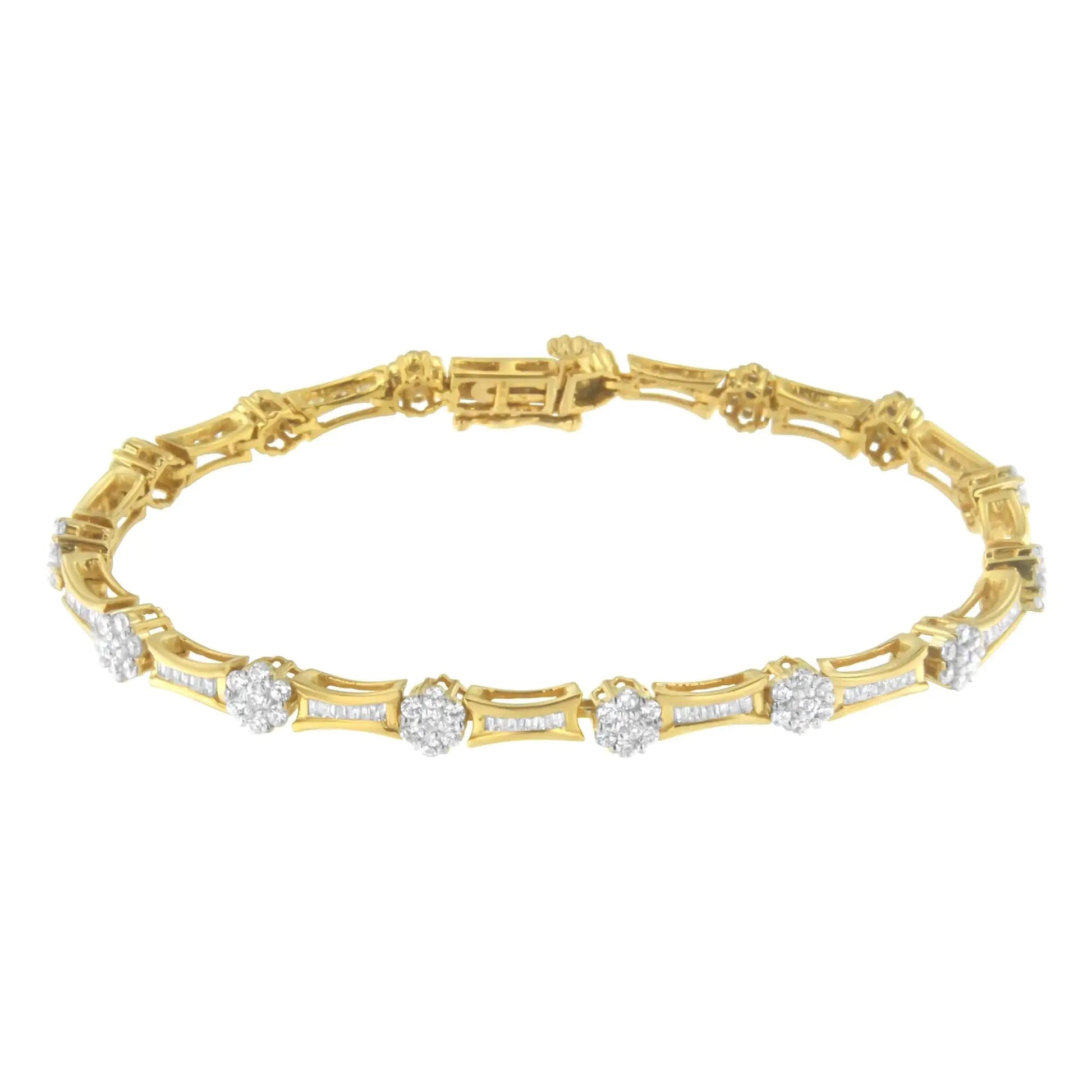 10K Yellow and White Gold 2.00 cttw Round and Baguette-Cut Diamond Link Bracelet (I-J Color, I2-I3 Clarity) - Size 7.25" WEM Support (www.WEM.support)