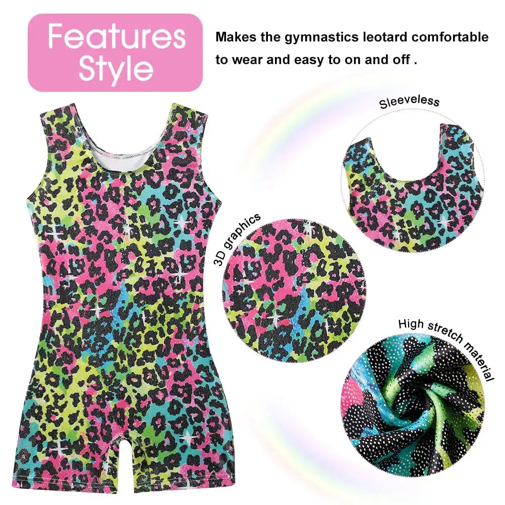 uideazone Gymnastics Leotard for Girls Biketards Sparkly Tank Ballet Unitard with Shorts Quick Dry One-Piece Outfits 2-9Years Colorful Leopard 55 7-8 Years My Store