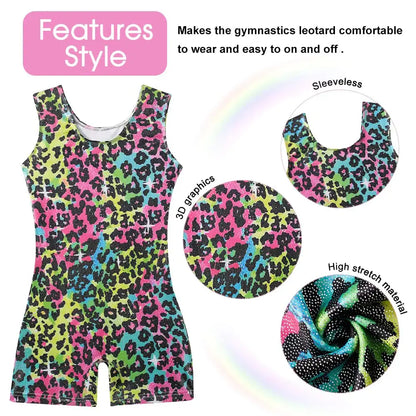 uideazone Gymnastics Leotard for Girls Biketards Sparkly Tank Ballet Unitard with Shorts Quick Dry One-Piece Outfits 2-9Years Colorful Leopard 55 7-8 Years My Store