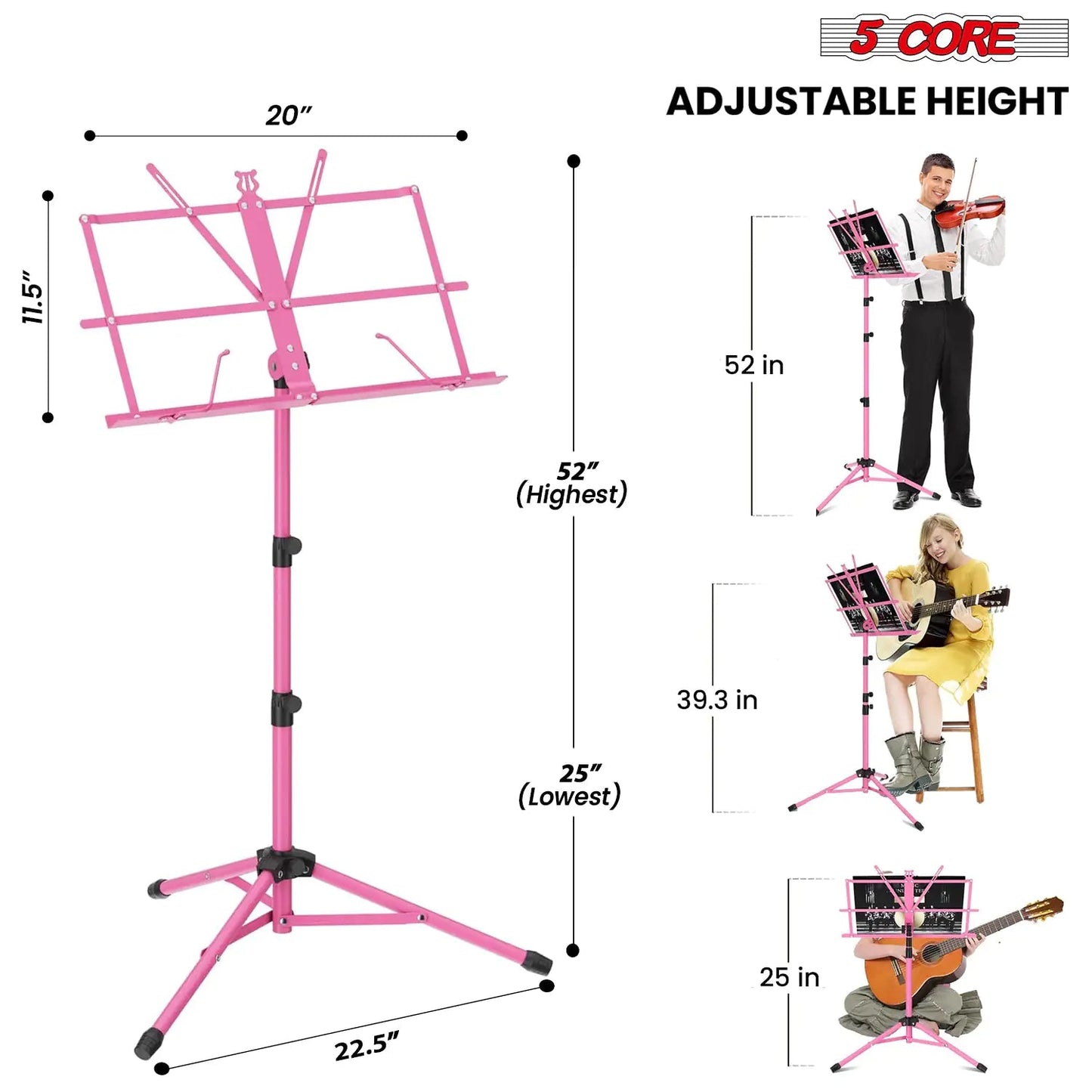 Suporte de Música 5Core para Partituras, Portátil com Tripé Ajustável e Dobrável, Suporte para Notas na Cor ROSA WEM Support (www.WEM.support)