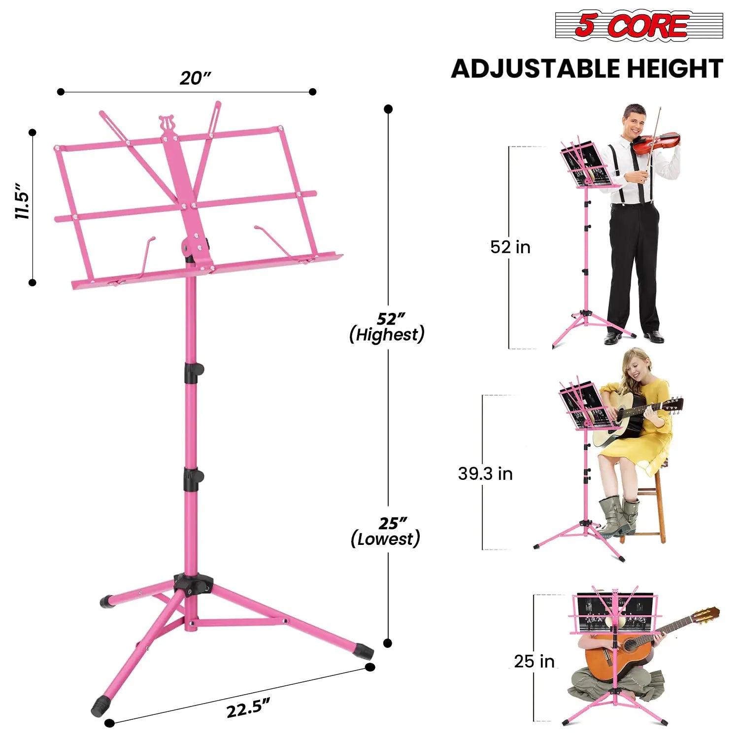 Suporte de Música 5Core para Partituras, Portátil com Tripé Ajustável e Dobrável, Suporte para Notas na Cor ROSA WEM Support (www.WEM.support)