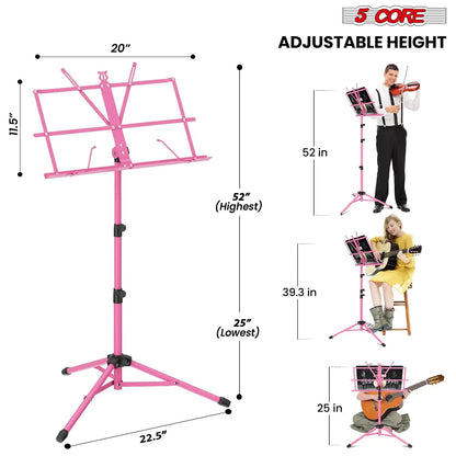 Suporte de Música 5Core para Partituras, Portátil com Tripé Ajustável e Dobrável, Suporte para Notas na Cor ROSA WEM Support (www.WEM.support)