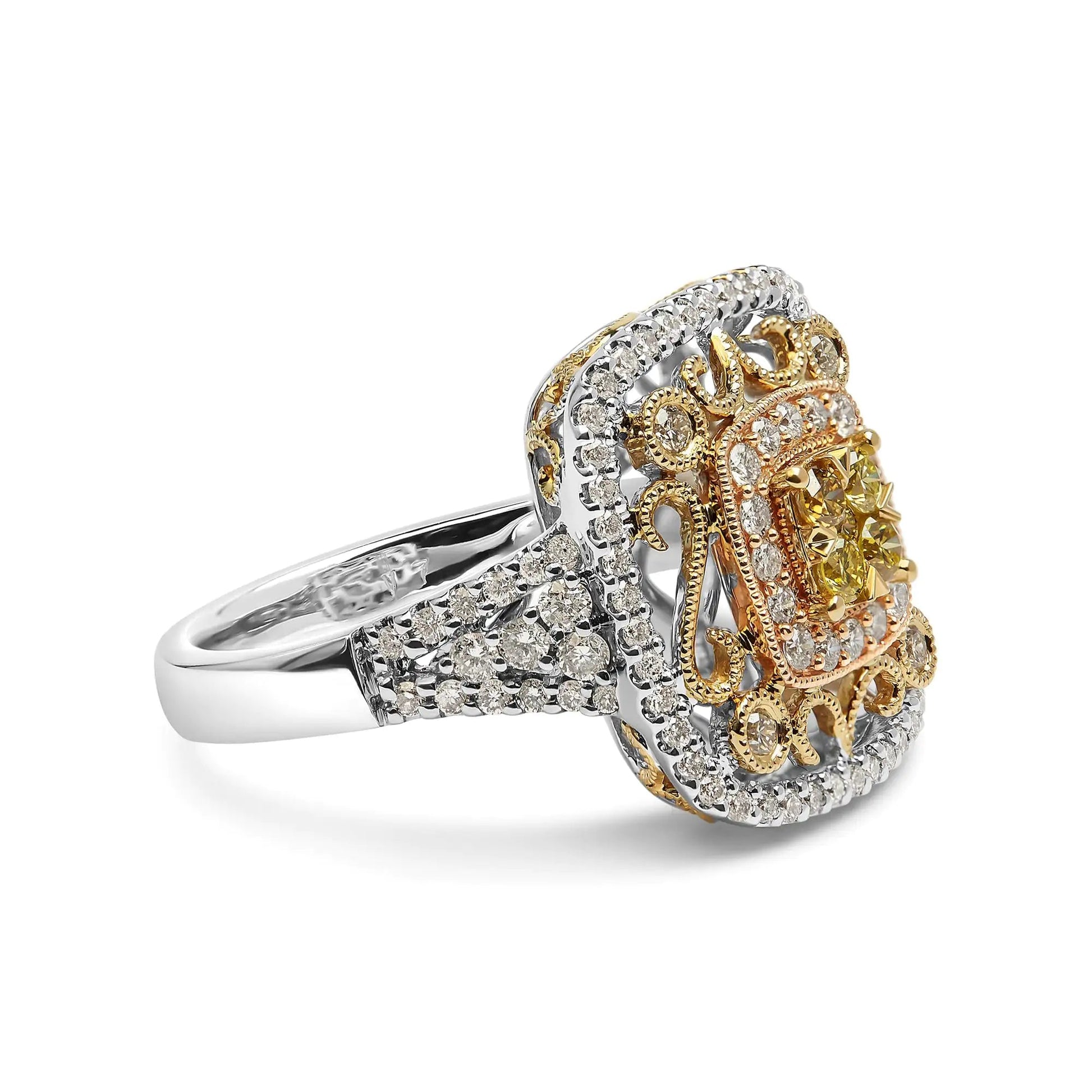 14K Tri-Toned Gold 1.00 Cttw Yellow Diamond Halo and Milgrain Cocktail Cluster Ring (Yellow/G-H Color, SI1-SI2 Clarity) - Ring Size 7 WEM Support (www.WEM.support)