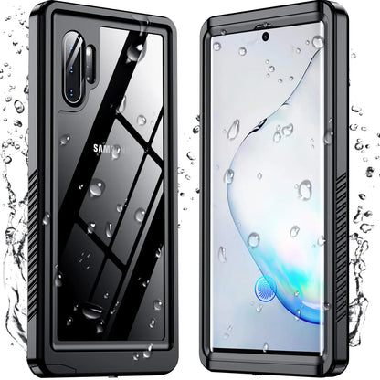 A clear protective case for Samsung Galaxy S23 with water droplets on it, showcasing its waterproof feature.
