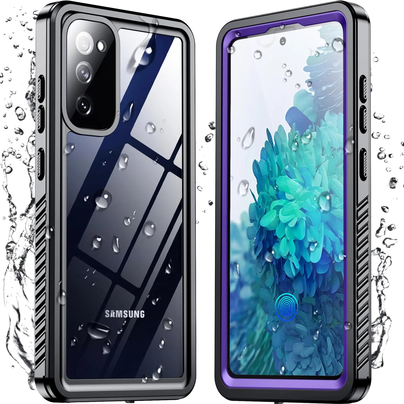 A clear protective case for Samsung Galaxy S23 with water droplets on it, showcasing its waterproof feature.