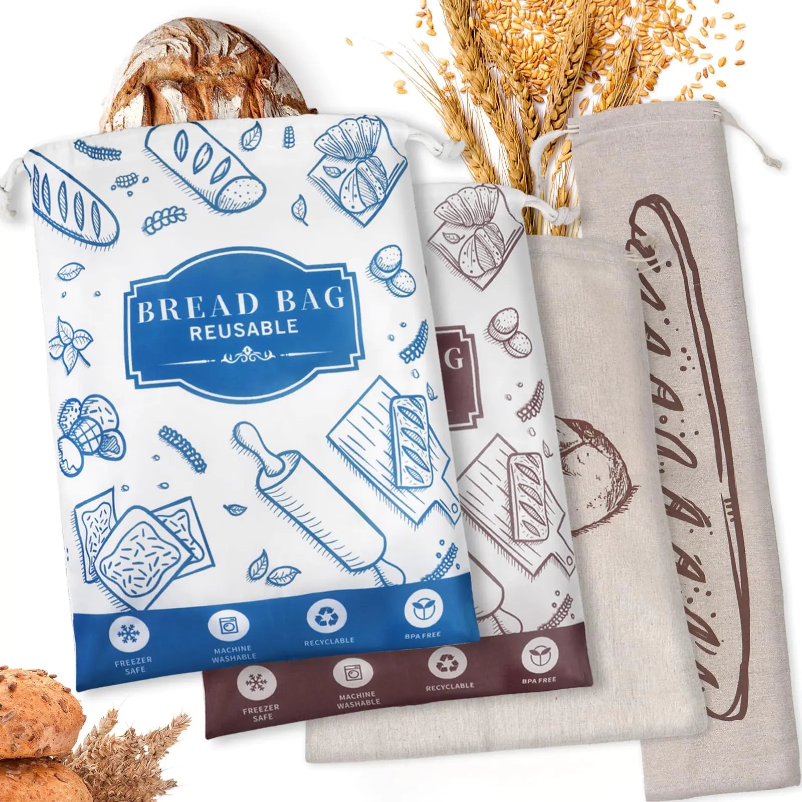 4-Piece Artisan Bread Storage Bags with Eco-Friendly TPU Lining HejK.com Marketplace LLC