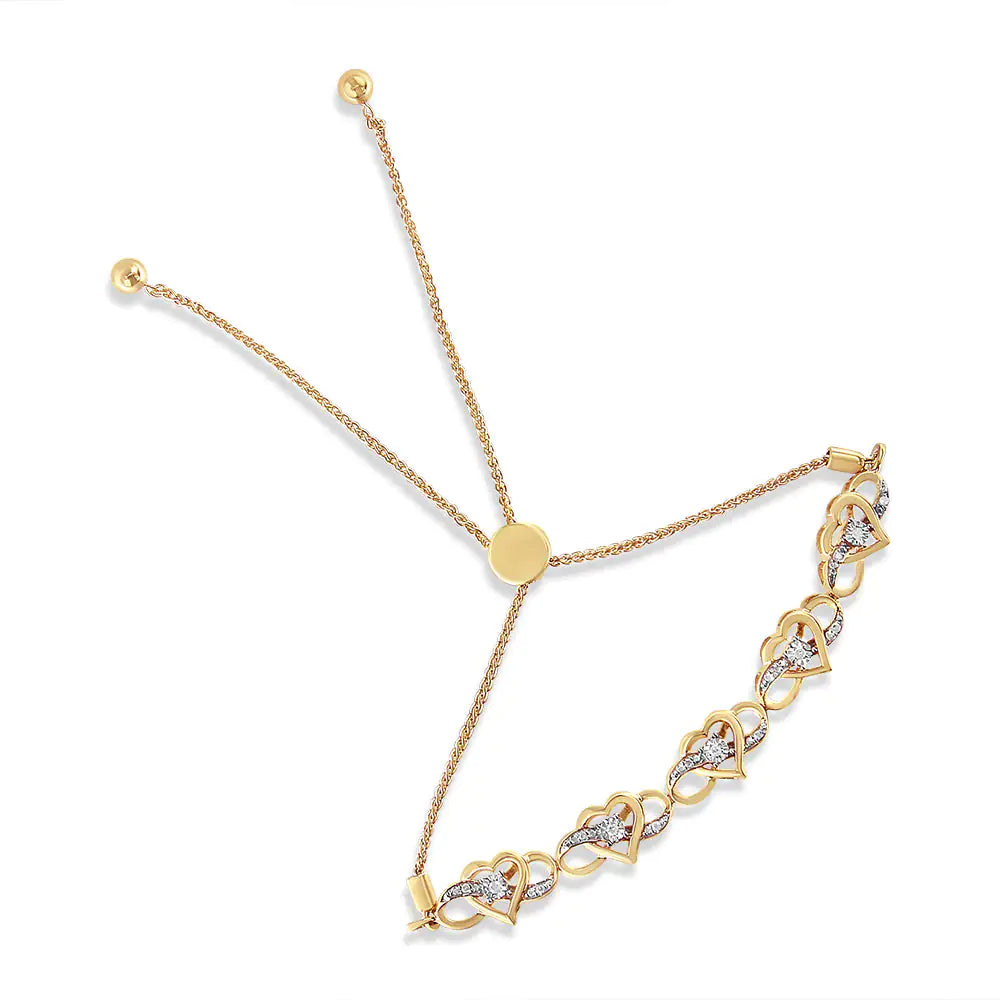 14K Yellow Gold Plated .925 Sterling Silver 1/10 Cttw Diamond Infinity Heart Shaped 4”-10” Adjustable Bolo Bracelet (H-I Color, I2-I3 Clarity) WEM Support (www.WEM.support)