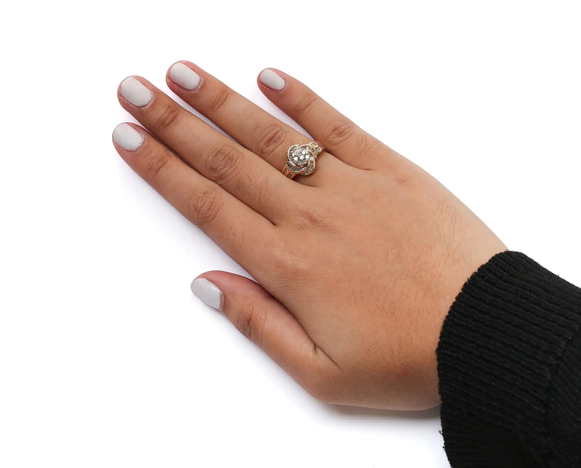 10K Yellow Gold 1/2 Cttw Round and Baguette Diamond Flower Swirl Cocktail Ring (I-J Color, SI2-I1 Clarity) WEM Support (www.WEM.support)