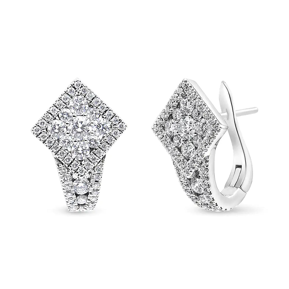 18K White Gold 1 1/10 Cttw Round Diamond Cluster with Halo Hoop Huggie Earring (F-G Color, VS1-VS2 Clarity) WEM Support (www.WEM.support)