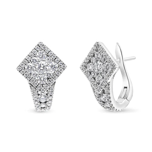 18K White Gold 1 1/10 Cttw Round Diamond Cluster with Halo Hoop Huggie Earring (F-G Color, VS1-VS2 Clarity) WEM Support (www.WEM.support)