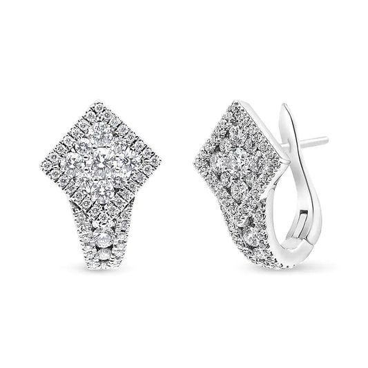 18K White Gold 1 1/10 Cttw Round Diamond Cluster with Halo Hoop Huggie Earring (F-G Color, VS1-VS2 Clarity) WEM Support (www.WEM.support)