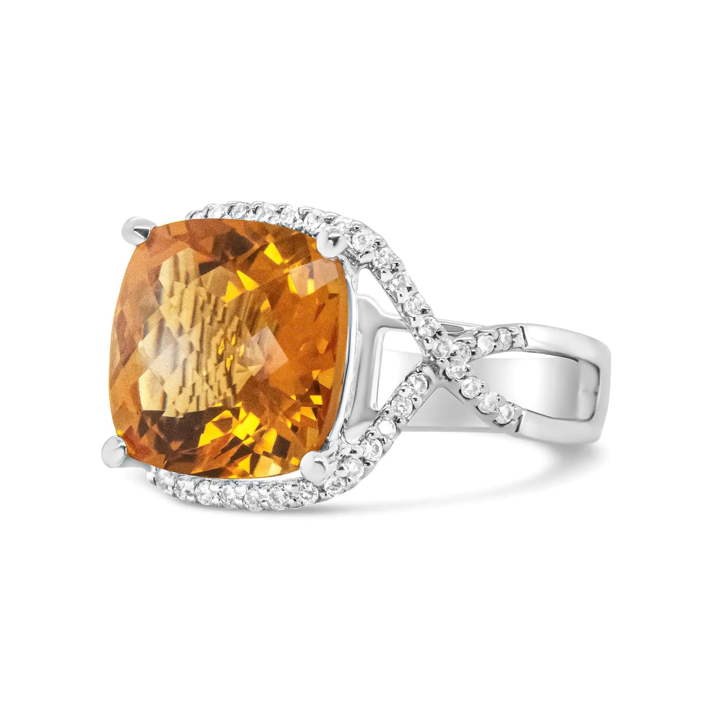 14K White Gold 12mm Cushion Cut Yellow Citrine Gemstone and 1/3 Cttw Round Pave-Set Diamond Ring - (H-I Color, VS1-VS2 Clarity) WEM Support (www.WEM.support)