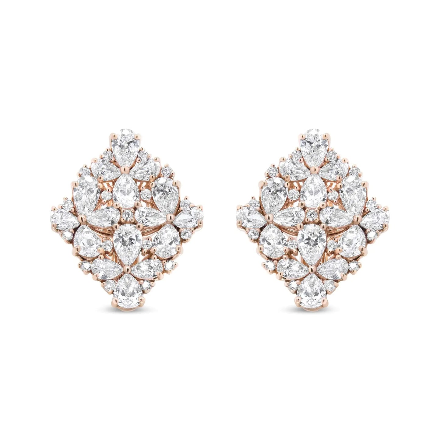 18K Rose Gold 8 1/3 Cttw Pear and Round Diamond Floral Cluster Omega Earrings (F-G Color, VS1-VS2 Clarity) WEM Support (www.WEM.support)