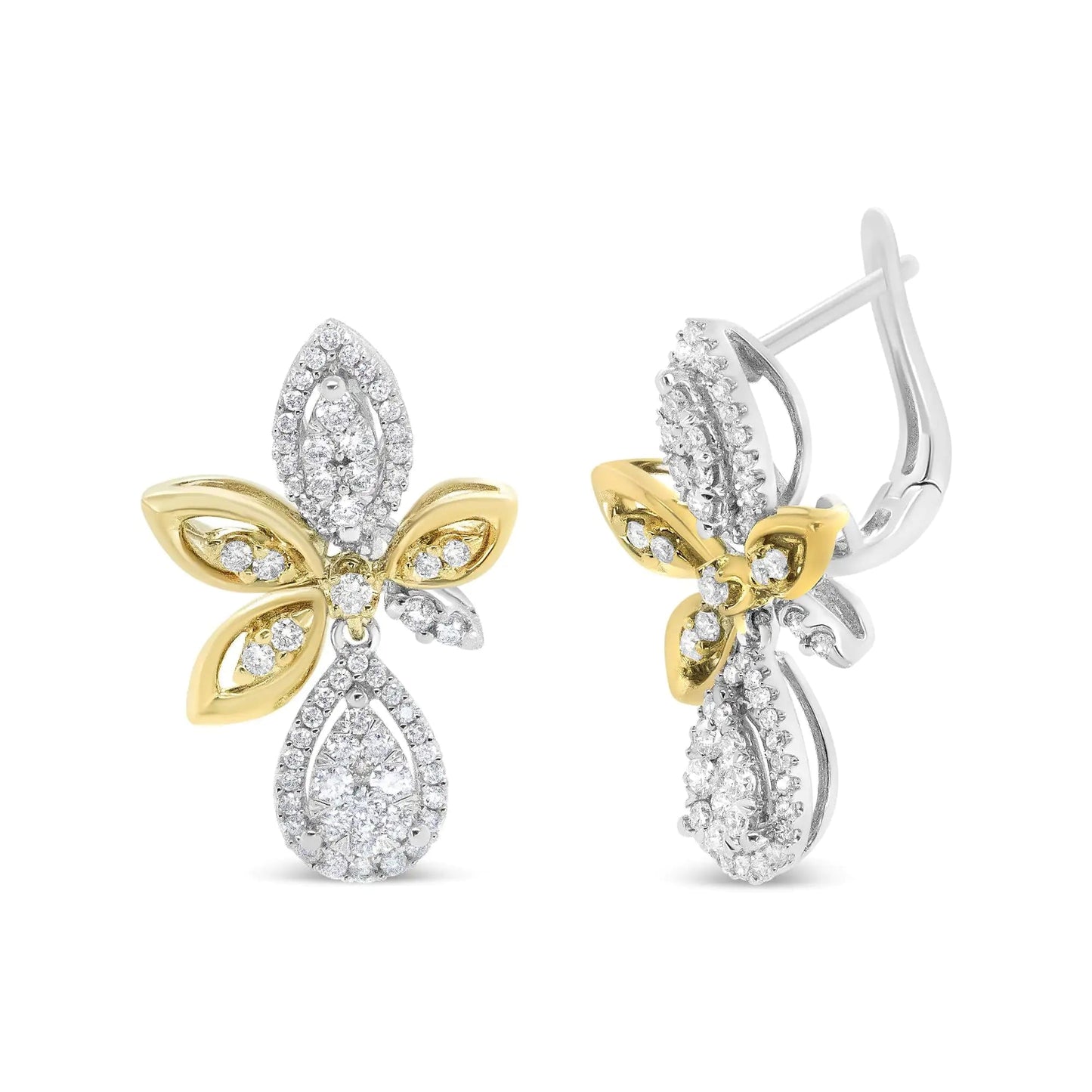 14K White and Yellow Gold 1.00 Cttw Round Pave-Set Diamond Teardrop and Marquise Shape Drop Dangle Earrings (H-I Color, SI1-SI2 Clarity) WEM Support (www.WEM.support)