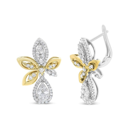 14K White and Yellow Gold 1.00 Cttw Round Pave-Set Diamond Teardrop and Marquise Shape Drop Dangle Earrings (H-I Color, SI1-SI2 Clarity) WEM Support (www.WEM.support)