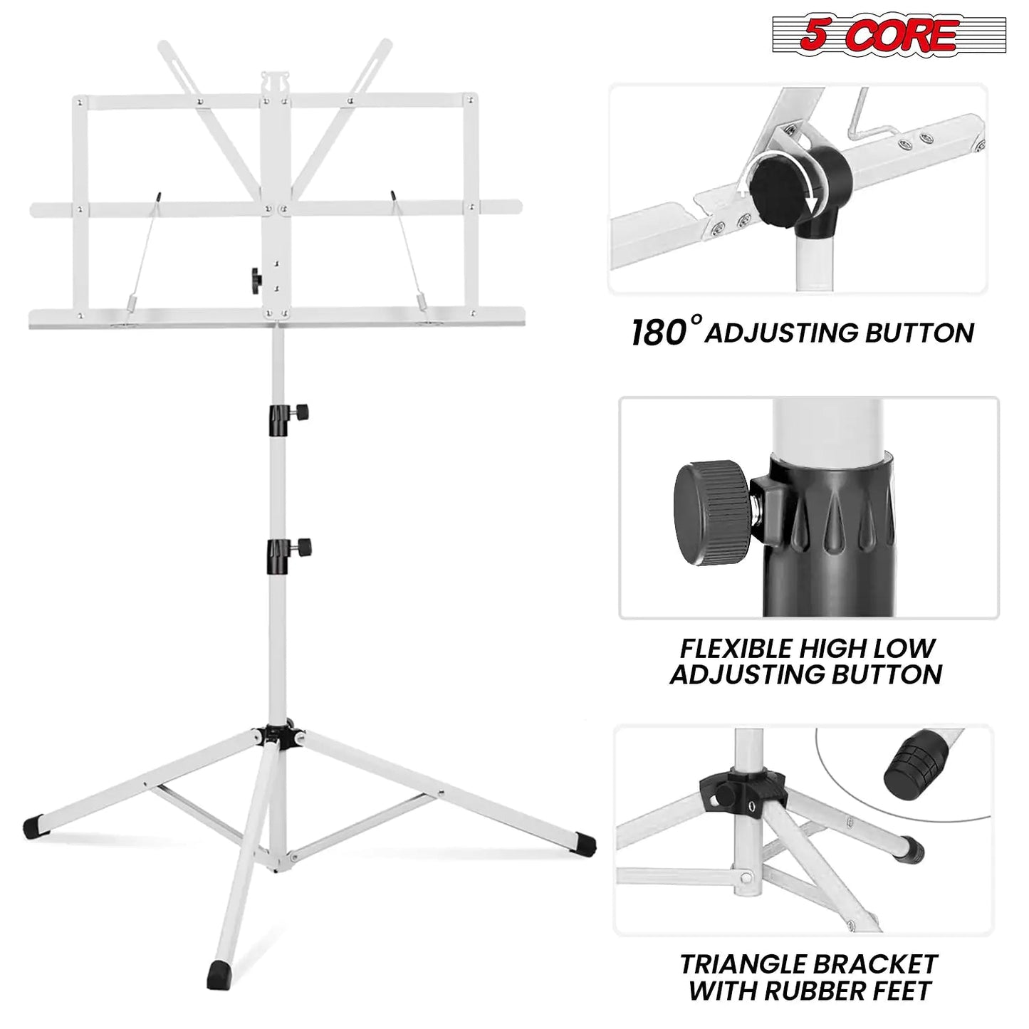 Suporte de Música 5Core para Partituras Portátil Tripé Ajustável Dobrável Porta-Notas BRANCO WEM Support (www.WEM.support)
