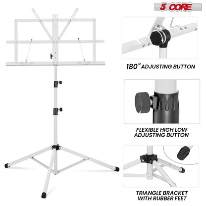 Suporte de Música 5Core para Partituras Portátil Tripé Ajustável Dobrável Porta-Notas BRANCO WEM Support (www.WEM.support)