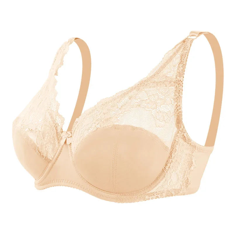 A purple underwire lace bra with adjustable straps and a hook-and-eye closure.