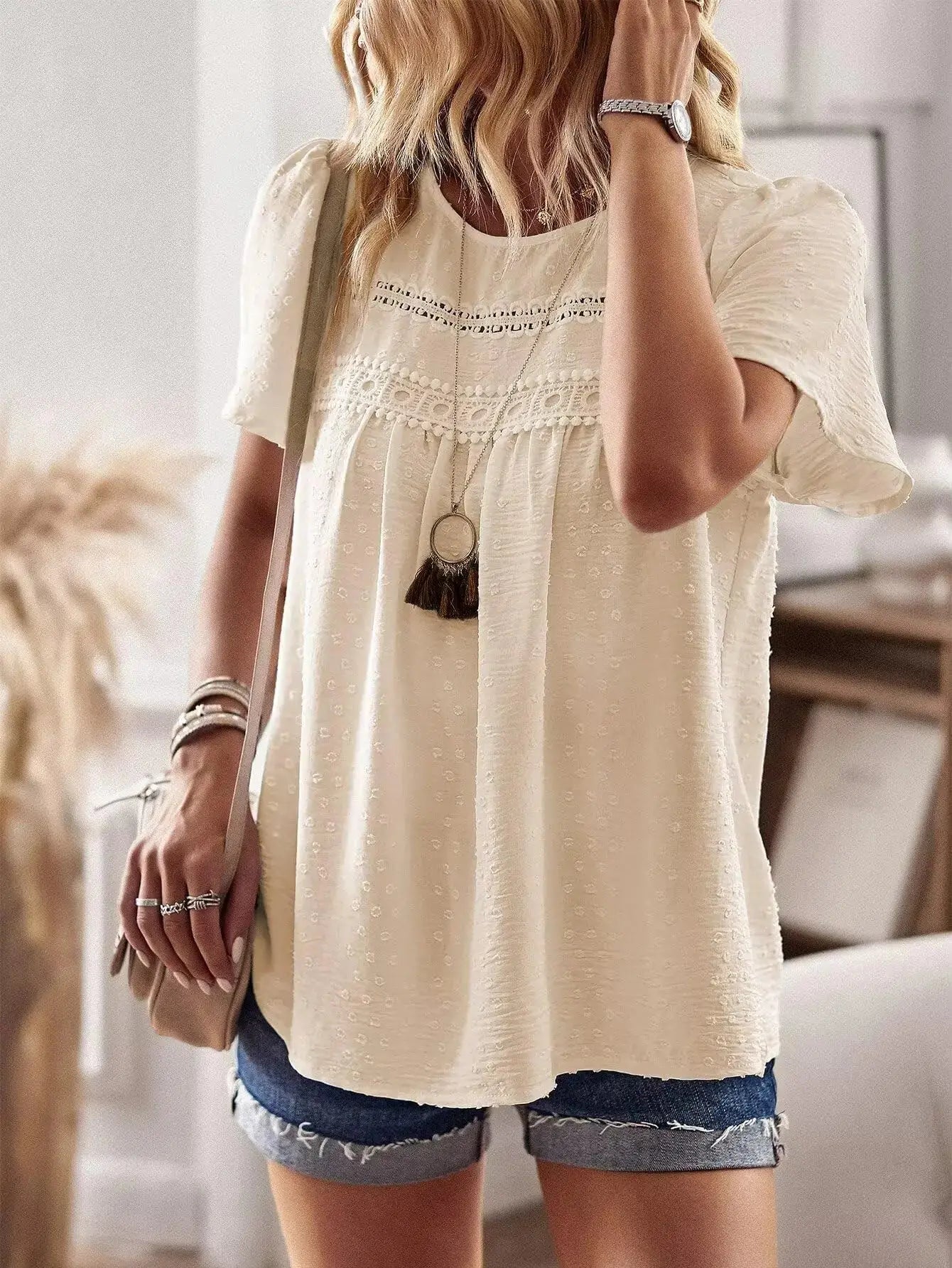 Womens Summer Tops Crewneck Short Sleeve Shirts Casual Chiffon Blouses Flowy Lace Hem Boho Clothing Trendy 2024 XX-Large Apricot My Store
