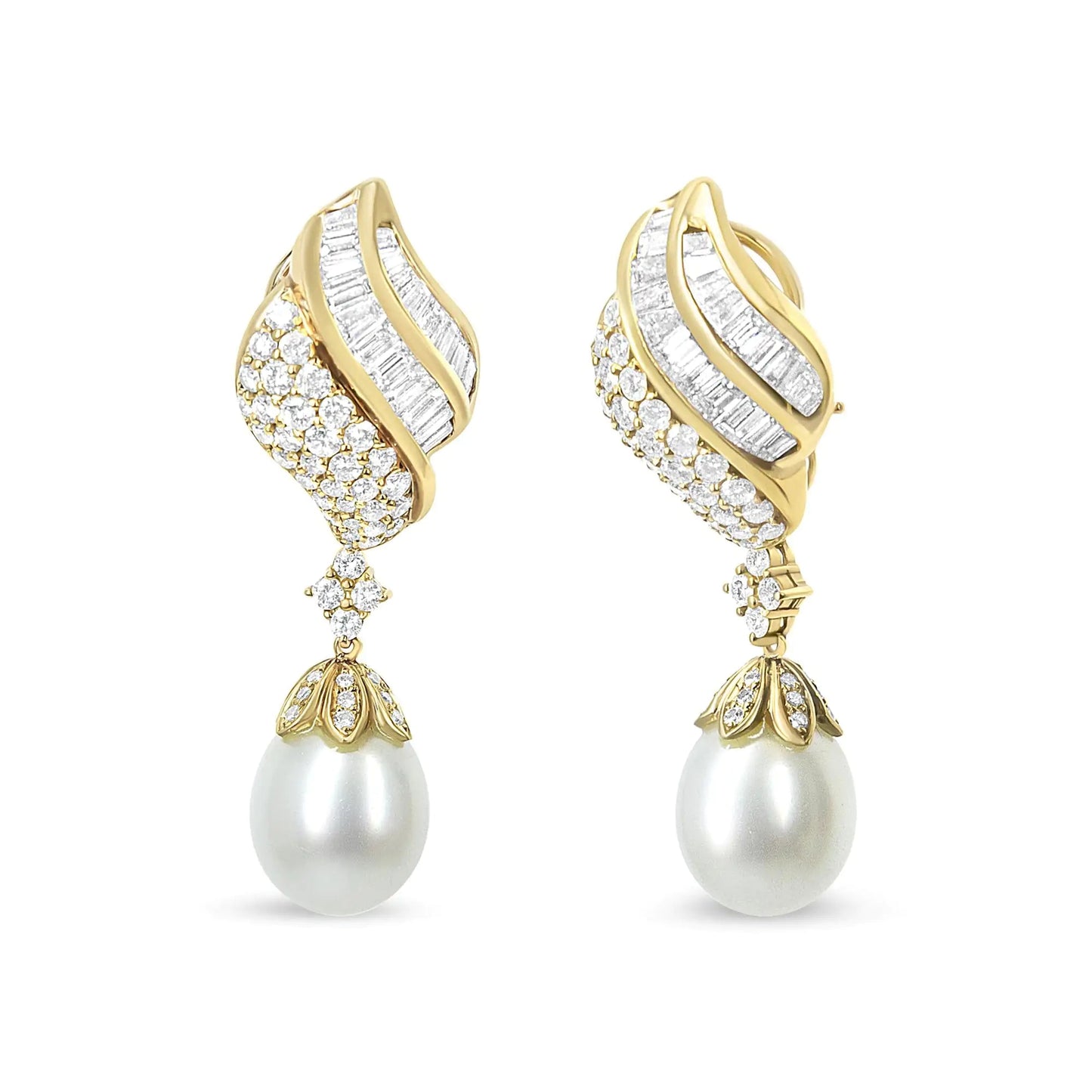 18k Yellow Gold 7.0 Cttw Baguette and Round Diamond South Sea Pearl Drop Dangle Clip-On Earrings (F-G Color, VS1-VS2 Clarity) WEM Support (www.WEM.support)