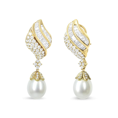 18k Yellow Gold 7.0 Cttw Baguette and Round Diamond South Sea Pearl Drop Dangle Clip-On Earrings (F-G Color, VS1-VS2 Clarity) WEM Support (www.WEM.support)