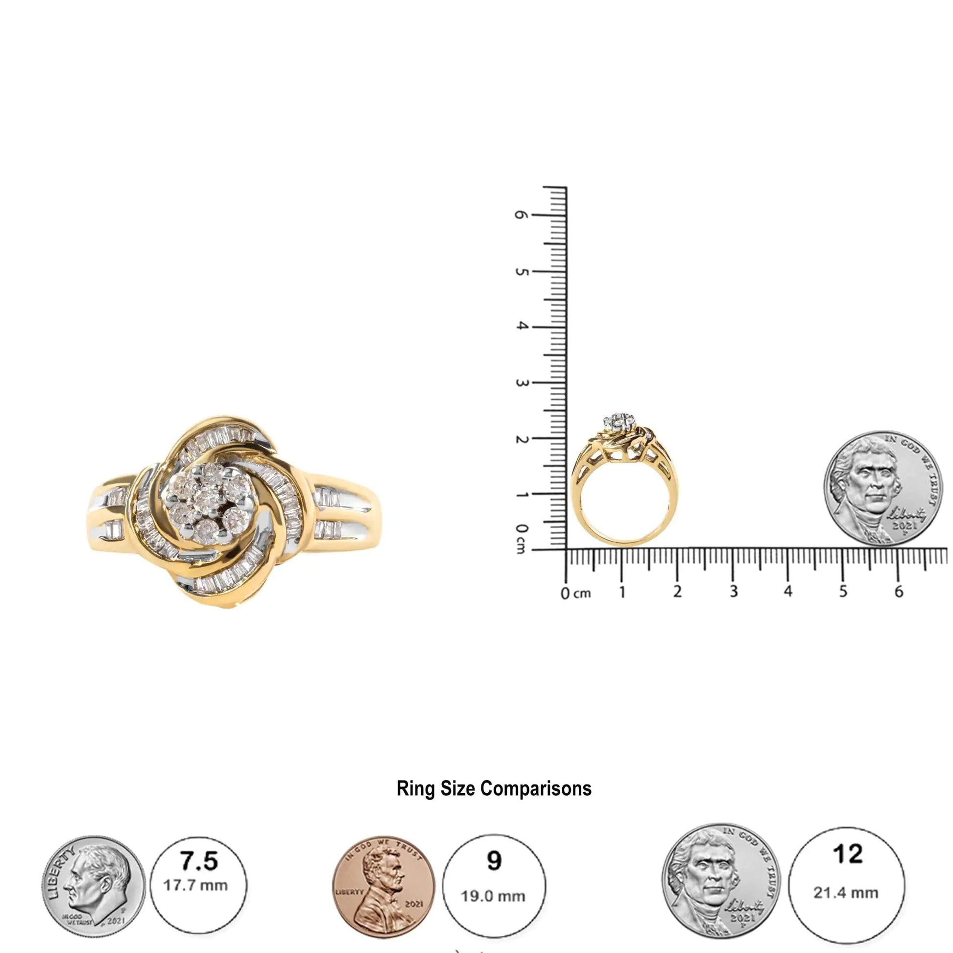10K Yellow Gold 1/2 Cttw Round and Baguette Diamond Flower Swirl Cocktail Ring (I-J Color, SI2-I1 Clarity) WEM Support (www.WEM.support)