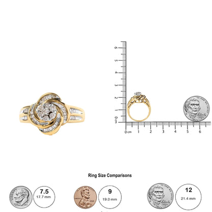 10K Yellow Gold 1/2 Cttw Round and Baguette Diamond Flower Swirl Cocktail Ring (I-J Color, SI2-I1 Clarity) WEM Support (www.WEM.support)