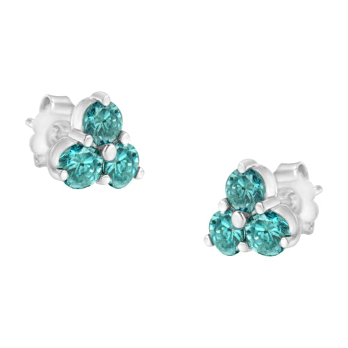 14KT White Gold Treated Blue Diamond Trio Stud Earrings (1 1/3 cttw, Blue) WEM Support (www.WEM.support)