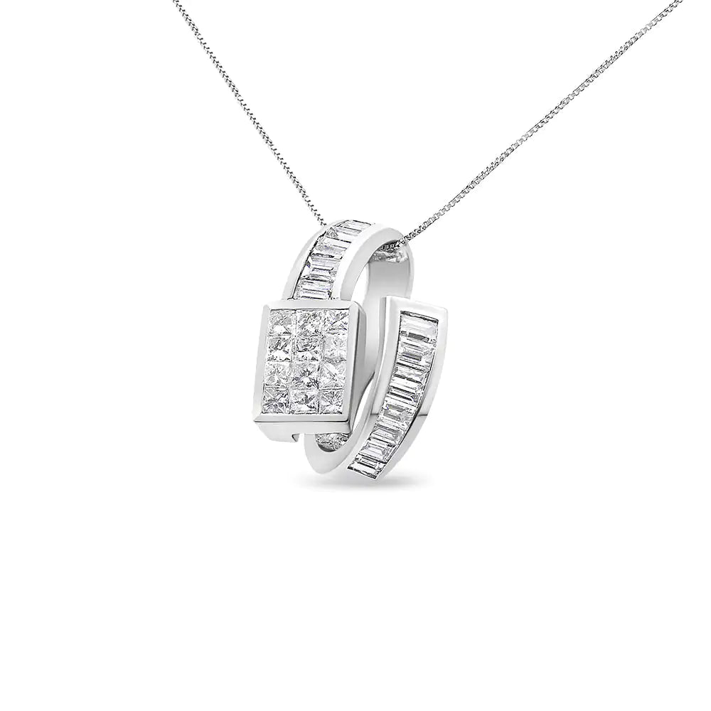 14K White Gold 2 cttw Princess and Baguette Cut Diamond Double Loop Pendant Necklace (G-H, VS1-VS2) WEM Support (www.WEM.support)