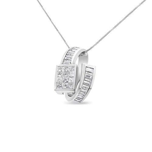 14K White Gold 2 cttw Princess and Baguette Cut Diamond Double Loop Pendant Necklace (G-H, VS1-VS2) WEM Support (www.WEM.support)