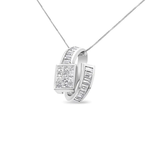 14K White Gold 2 cttw Princess and Baguette Cut Diamond Double Loop Pendant Necklace (G-H, VS1-VS2) WEM Support (www.WEM.support)
