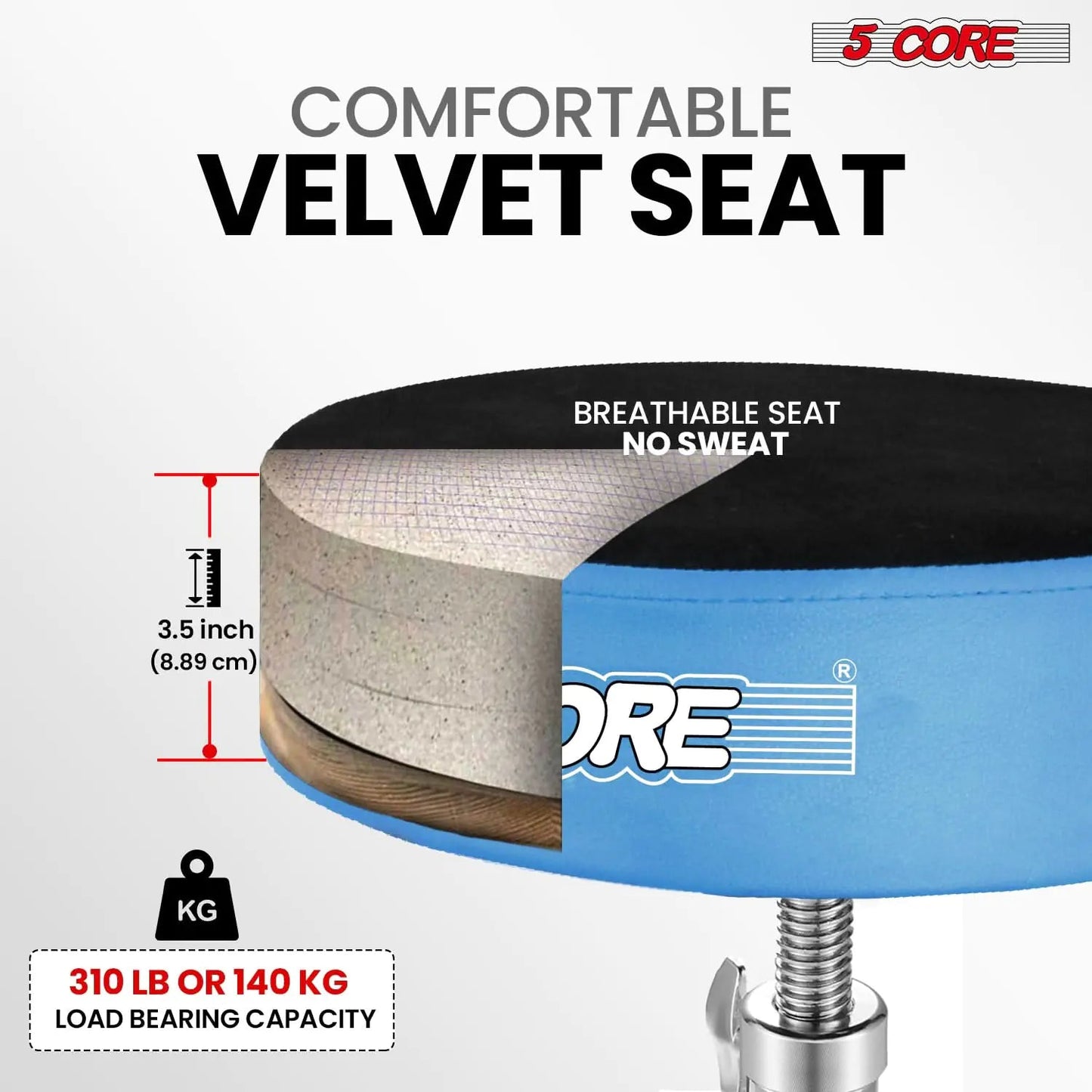 5Core Drum Throne Padded Guitar Stool Swivel Adjustable Drummer Seat Music Chair BLUE VELVET WEM Support (www.WEM.support)