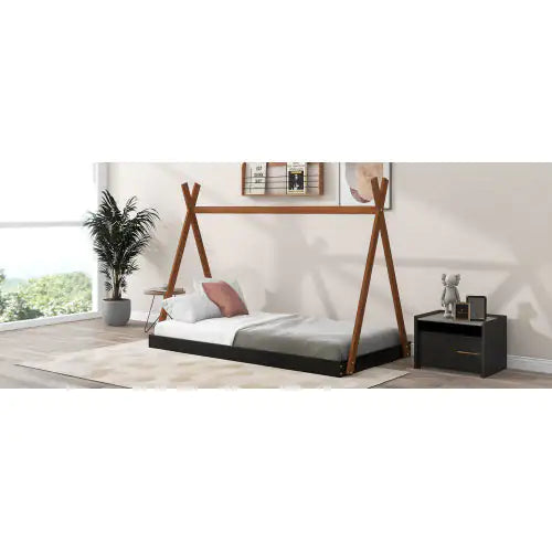 Twin Size Tent Floor Bed With Triangle Structure, Black Brown WEM Support (www.WEM.support)