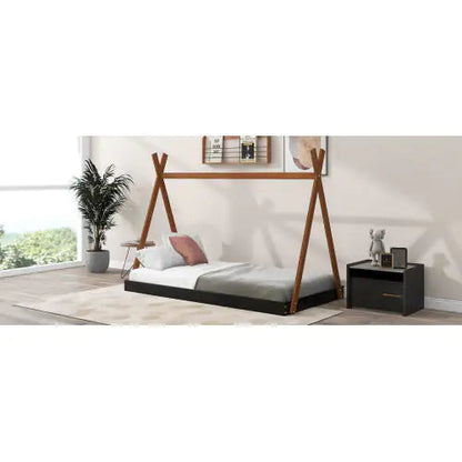 Twin Size Tent Floor Bed With Triangle Structure, Black Brown WEM Support (www.WEM.support)