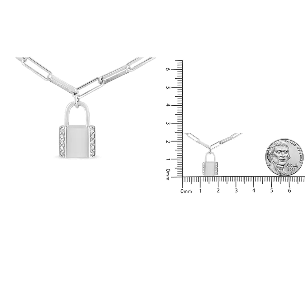 .925 Sterling Silver 1/10 Cttw Round Diamond Lock Pendant Paperclip Chin Necklace (H-I Color, SI1-SI2 Clarity) WEM Support (www.WEM.support)