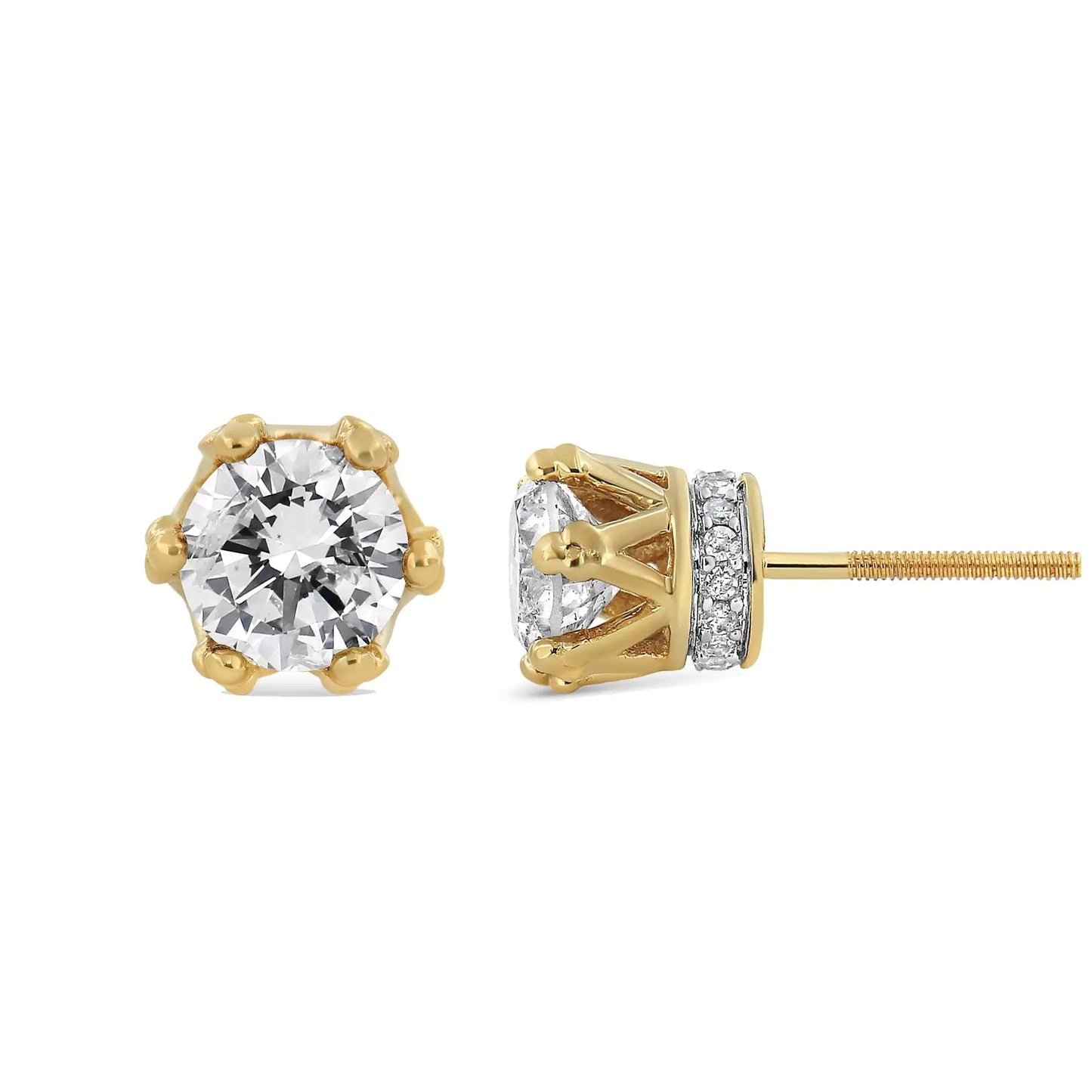 14K Yellow Gold 2.0 Cttw Round Diamond Crown Stud Earrings (I-J Color, I1-I2 Clarity) WEM Support (www.WEM.support)
