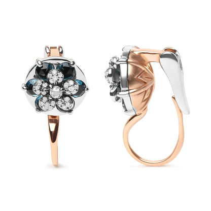 18K Rose and White Gold 1/3 Cttw Round Diamonds and Round London Blue Topaz Gemstone Cluster Floral Drop Hoop Earrings (G-H Color, SI1-SI2 Clarity) WEM Support (www.WEM.support)