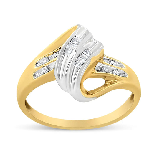 10K Yellow and White Gold 1/10 Cttw Baguette and Round-Cut Diamond Bypass Ring (I2 Color, H-I Clarity) WEM Support (www.WEM.support)