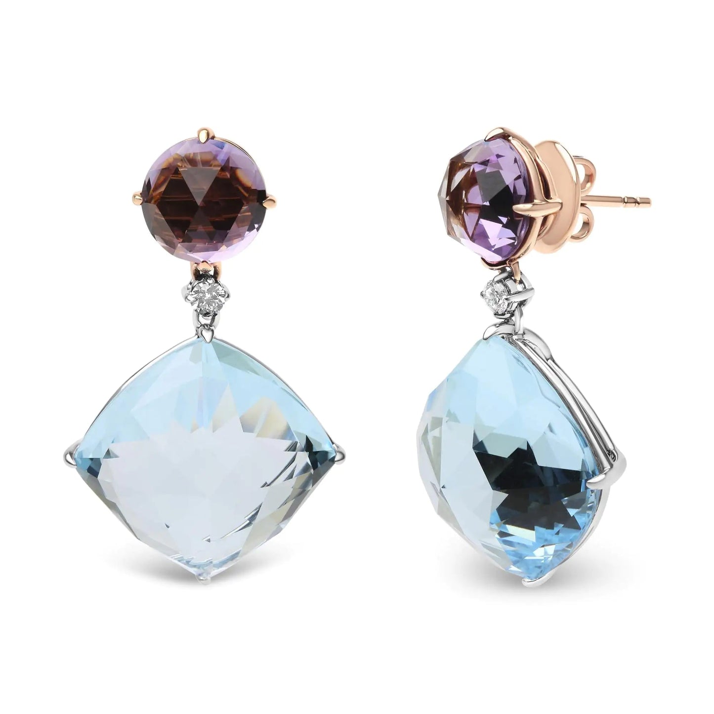 18K White and Rose Gold 1/5 Cttw Diamond with Round Pink Rose De France Amethyst and 25mm Cushion Cut Sky Blue Topaz Gemstone Dangle Earring (G-H Color, SI1-SI2 Clarity) WEM Support (www.WEM.support)