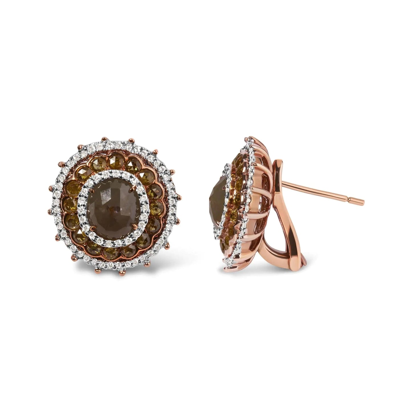 14K Rose Gold 3 1/2 Cttw Fancy Rose Cut Diamond Circle Shaped Triple Halo Stud Earring (Fancy Color, I2-I3 clarity) WEM Support (www.WEM.support)