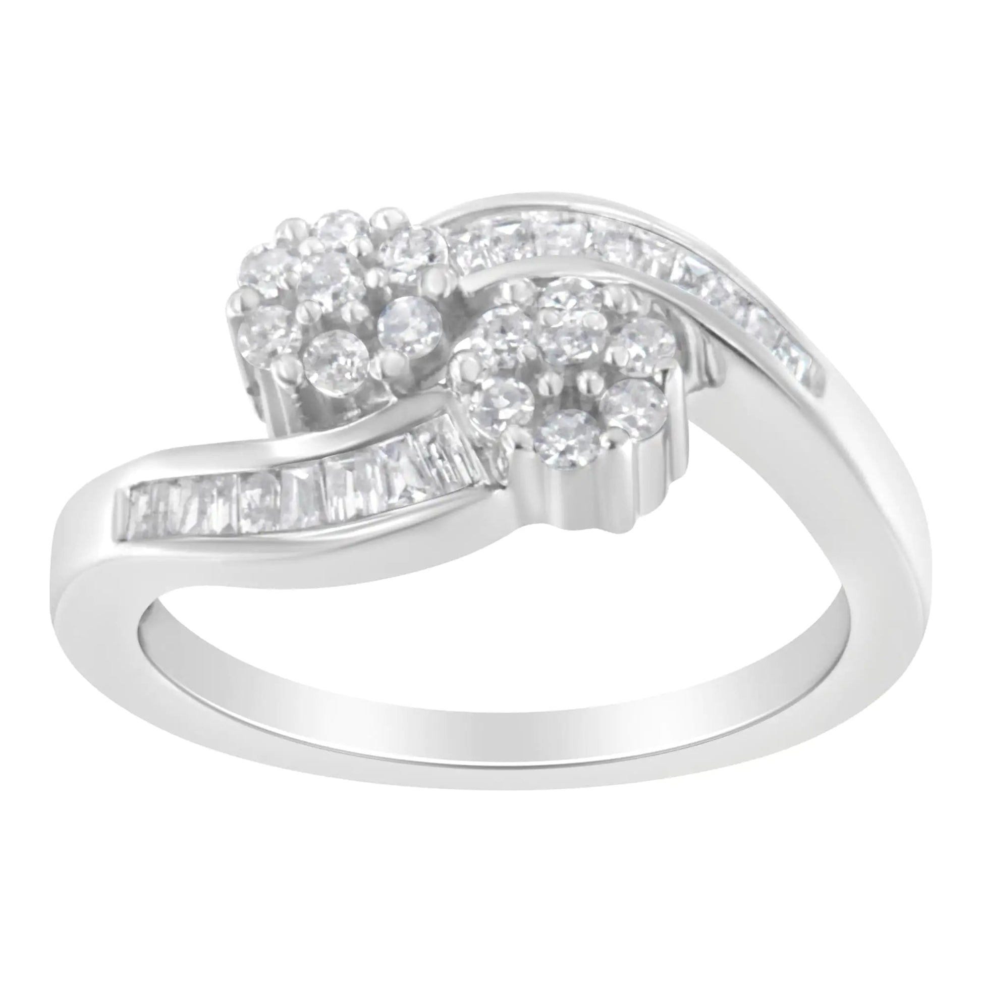 14K White Gold Round and Baguette Diamond Bypass Ring (1/2 cttw, H-I Color, I1-I2 Clarity) WEM Support (www.WEM.support)