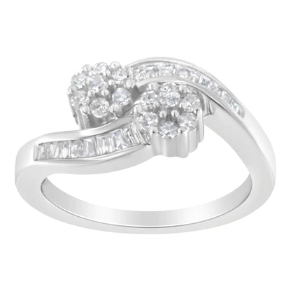 14K White Gold Round and Baguette Diamond Bypass Ring (1/2 cttw, H-I Color, I1-I2 Clarity) WEM Support (www.WEM.support)
