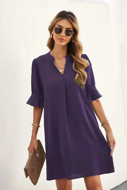 Wkior Shift Dress for Women V Neck Short Sleeves Solid Color Casual Flowy Summer Dresses(S-2XL) Medium B1-purple My Store