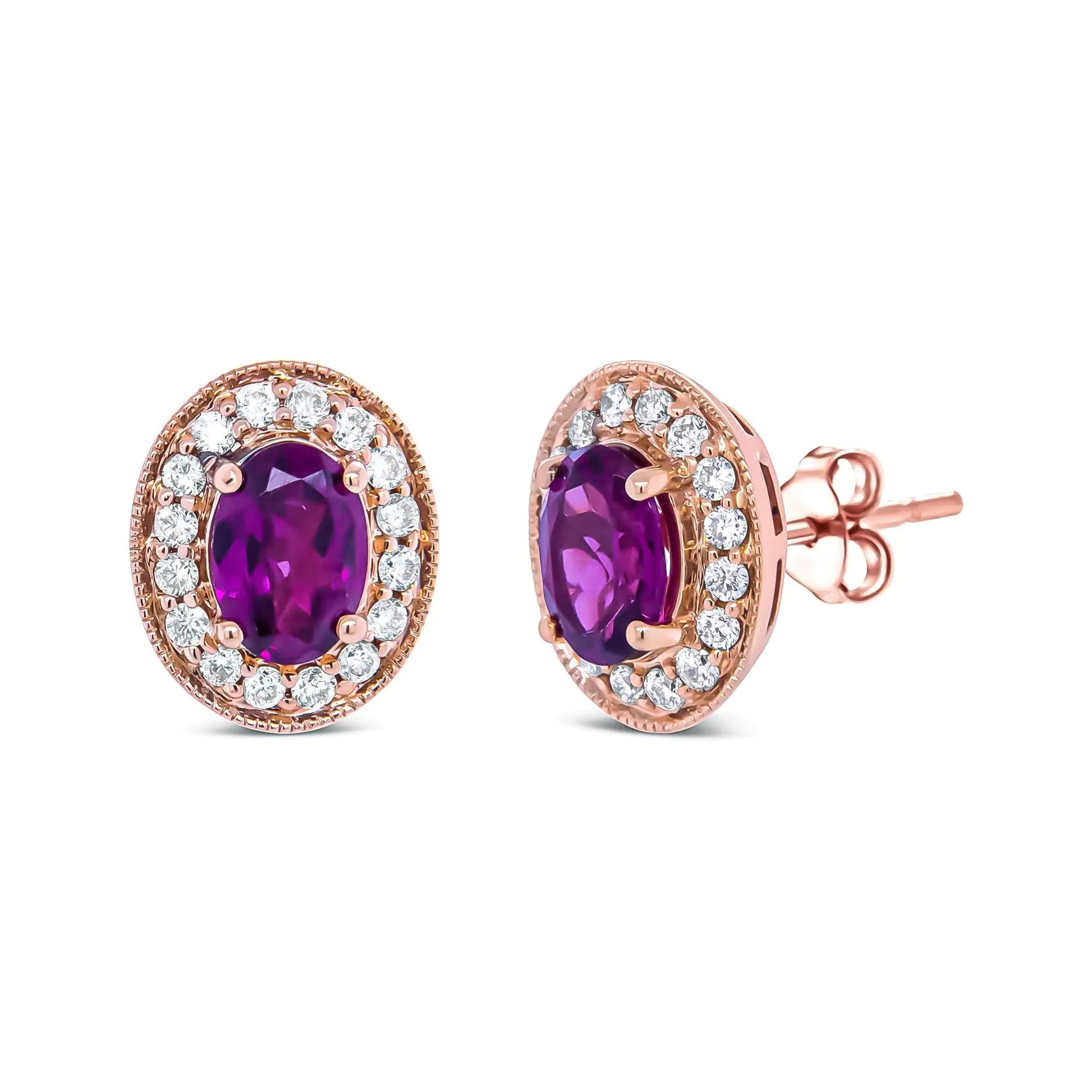 14K Rose Gold 7x5mm Oval Cut Garnet and 3/8 Cttw Round Diamond Halo Stud Earrings (G-H Color, SI1-SI2 Clarity) WEM Support (www.WEM.support)