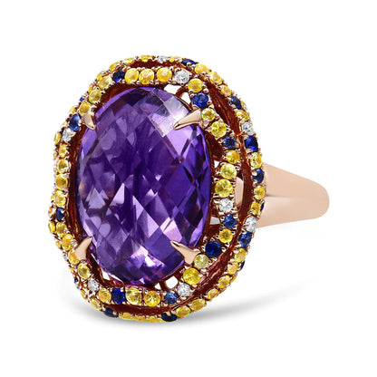 18K Yellow and Rose Gold Claw Prong Set Checkerboard Cut Purple Amethyst, Blue & Yellow Sapphire, Diamond Accent Cocktail Ring Band (F-G Color, VS1-VS2 Clarity) WEM Support (www.WEM.support)